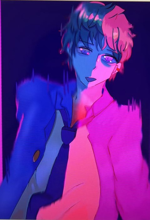A character portrait lit in vivid blue and pink
