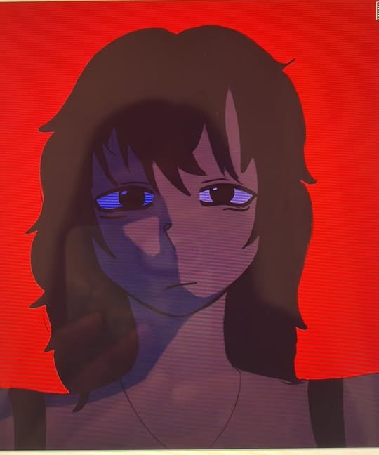 A softly shaded portrait against a bright red background