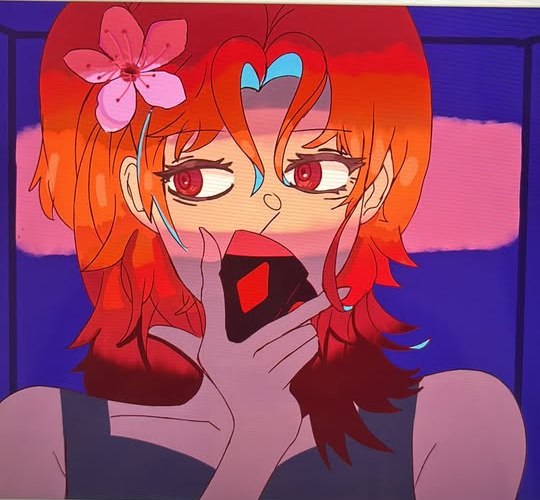 A bright anime-style drawing with orange hair and a flower